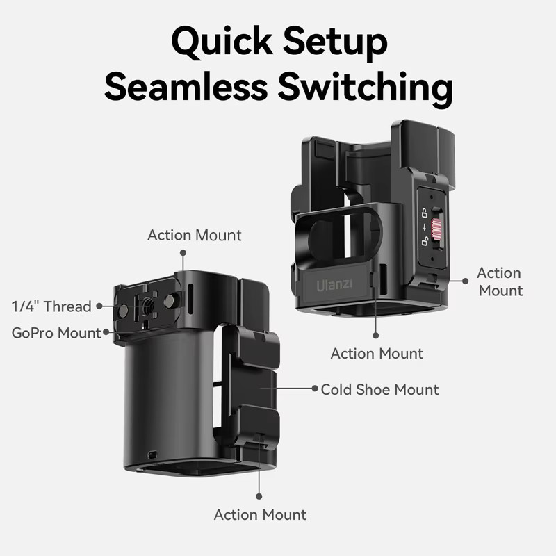 Ulanzi PK-06 Erweiterungsadapter für DJI Osmo Pocket 3 mit magnetischer Schnellverschluss-Halterung und Kaltschuh in Schwarz - Bild 2