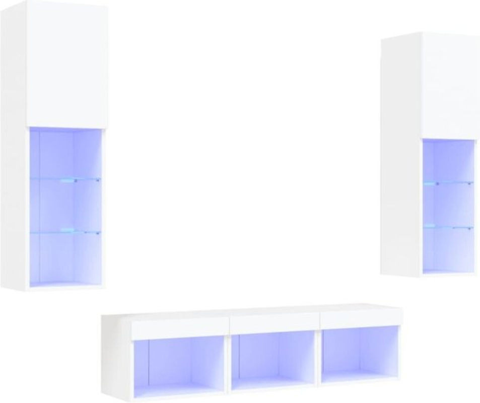 Vidaxl 5-tlg. moderne Wohnwand mit LED-Beleuchtung in Weiß aus Holzwerkstoff und Glas - Bild 1