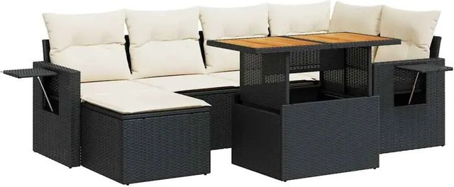 vidaXL 7-tlg Garten-Sofagarnitur in L-Form aus Poly-Rattan und Akazienholz mit Kissen in Schwarz-Creme - Bild 1