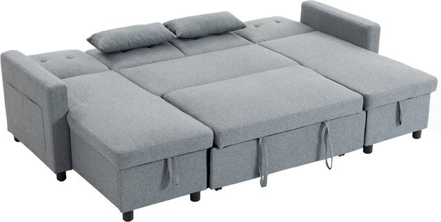 HOMCOM Ecksofa in U-Form mit Schlaffunktion und Bettkasten, 4-Sitzer Schlafsofa mit Chaiselongue und verstellbarer Rückenlehne, Grau - Bild 1