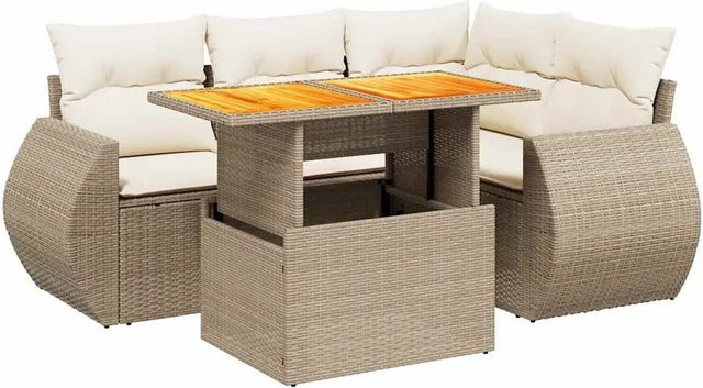 vidaXL 5-tlg. Garten-Sofagarnitur in L-Form aus PE-Rattan und Akazienholz mit Kissen in Beige-creme - Bild 1