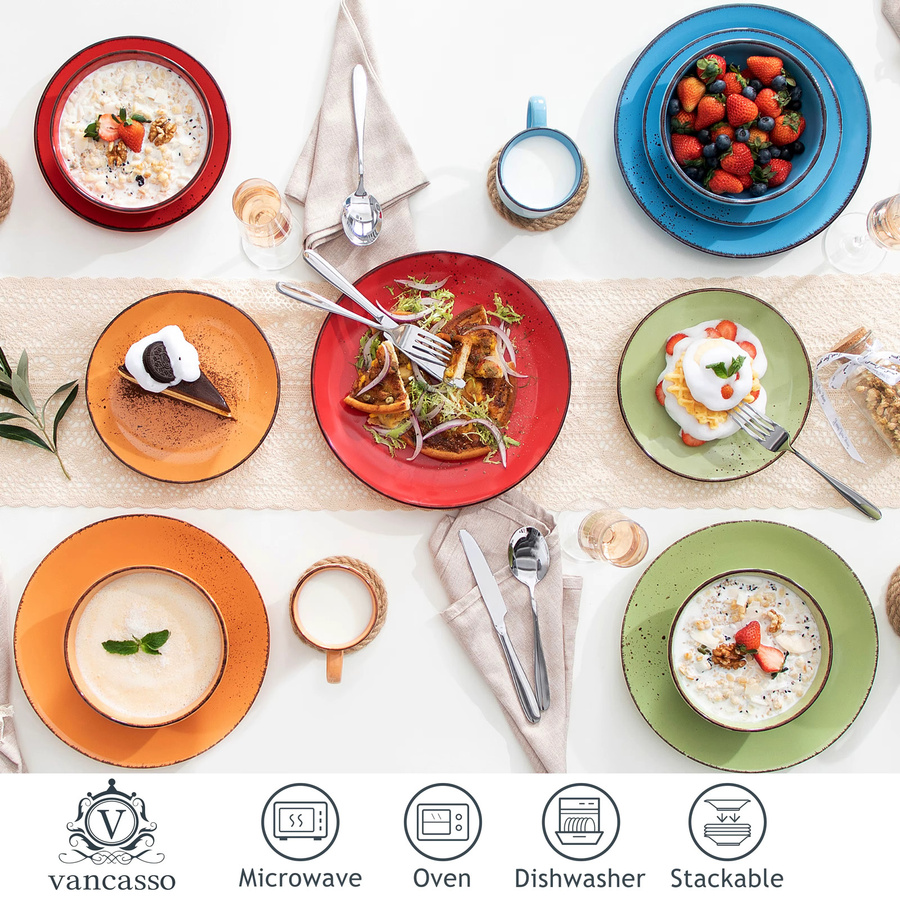 vancasso Steinzeug-Keramik-Geschirrset Multicolor, 16-teiliges Dinner-Service mit Speisetellern, Desserttellern, 800-ml-Schüsseln und 380-ml-Bechern - Bild 2