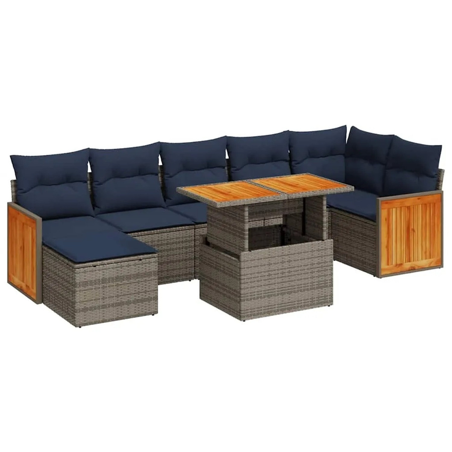 vidaXL 8-teilige Garten-Sofagarnitur in L-Form aus Polyrattan und Akazienholz mit Kissen in Braun und Grau - Bild 2