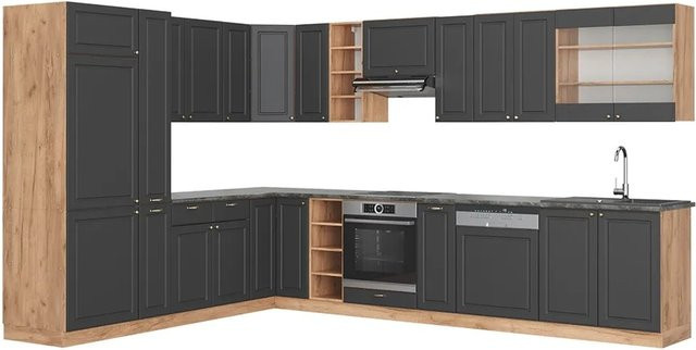 Vicco Fame-Line Eckküche in Anthrazit und Eiche im Landhausstil mit Soft-Close-Türen, B: 347 cm, H: 257 cm - Bild 1