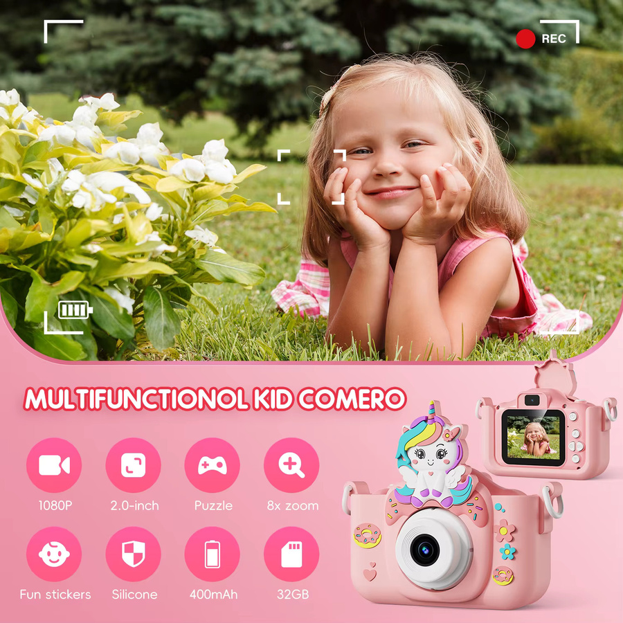 RIVGOT Kinderkamera mit 48MP und 32GB SD-Karte in Pink mit Einhorn-Design für Mädchen ab 3 Jahren - Bild 2
