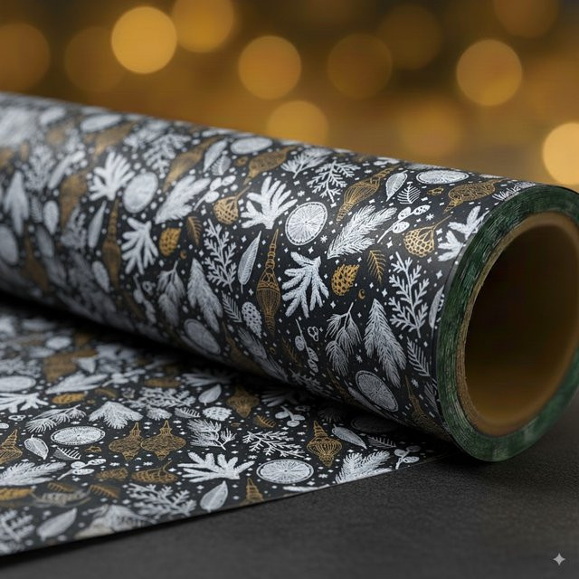 Luxuriöses Geschenkpapier Rolle mit weißen Kiefernzweigen und goldenen Ornamenten in Dunkelgrau und Schwarz - Bild 1