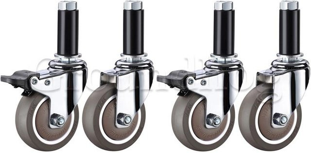 Binchi Outdoor Equipment 4er-Set Rollen mit ausfahrbarer Spindel, TPE-Gummirad mit Kugellager für Rundrohr 22–28 mm, 3 Zoll, Edelstahl und Kunststoff, Grau/Braun - Bild 1