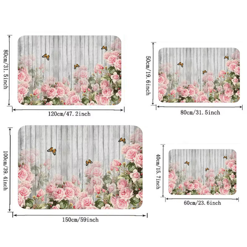 VIKAMA Kawaii Teppich in Rosa mit Blumen- und Schmetterlingsdruck, rutschfeste Bodenmatte mit Holzmaserung-Optik für Wohnzimmer und Schlafzimmer - Bild 2