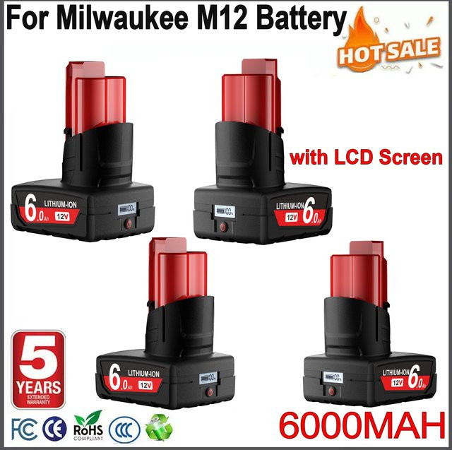 Bonacell Ersatzakku für Milwaukee M12 mit LCD-Bildschirm, 12 V, 6000 mAh, kompatibel mit 48-11-2402, 48-11-2411, 48-11-2401 - Bild 1