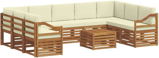 vidaXL Sofagarnitur 10-teilig aus Massivholz Akazie in Natur und Beige mit Polsterkissen und Armlehnen im modernen Latten-Design - Bild 1