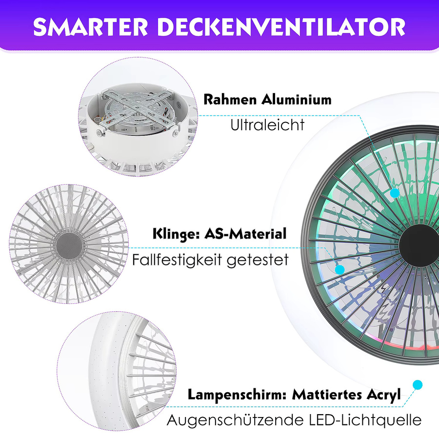Oyajia Deckenventilator mit LED-Licht und RGB-Farbwechsel, 50W, dimmbar, 6 Geschwindigkeitsstufen und Timer für Wohnzimmer und Schlafzimmer - Bild 5