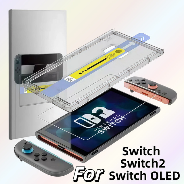 Nintendo Switch OLED Displayschutzfolie aus gehärtetem Glas mit Ausrichtungs-Kit, transparent, 9H Härtegrad, kratzfest und blasenfrei - Bild 1