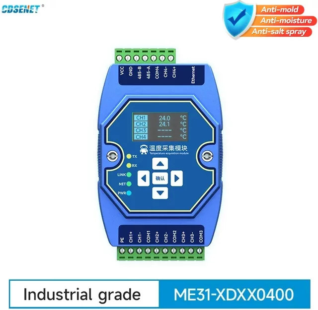 CDSENET ME31-XDXX0400 Modbus Gateway für 4-Wege Temperaturerfassung mit RS485 und Ethernet/LAN, PT100 RTD mit Watchdog und DNS, Industriequalität, Blau - Bild 1