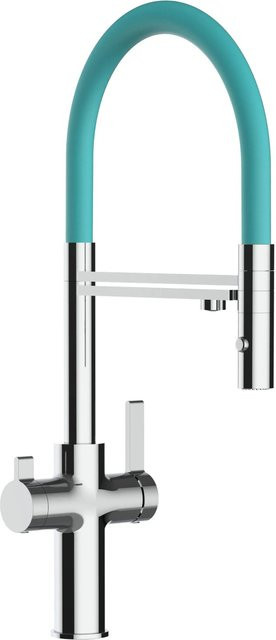 VIZIO Küchenarmatur mit 4-Wege-Wasserhahn, 360° schwenkbarer Auslauf, abnehmbare 2-Strahl-Handbrause und Filterfunktion, Verchromt, Türkis - Bild 1