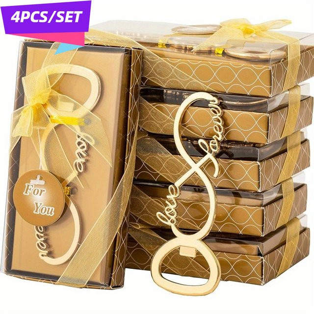 4 Stück Love Forever Flaschenöffner aus Metall in Gold mit Geschenkverpackung für Hochzeitsfeiern und Brautpartys - Bild 1