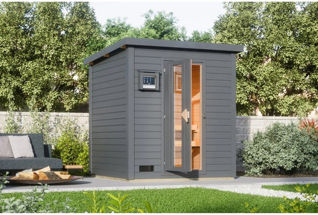 Karibu Saunahaus Arvi Set aus Fichte in Terragrau mit 9 kW Ofen und externer Steuerung für Bio-Sauna - Bild 1