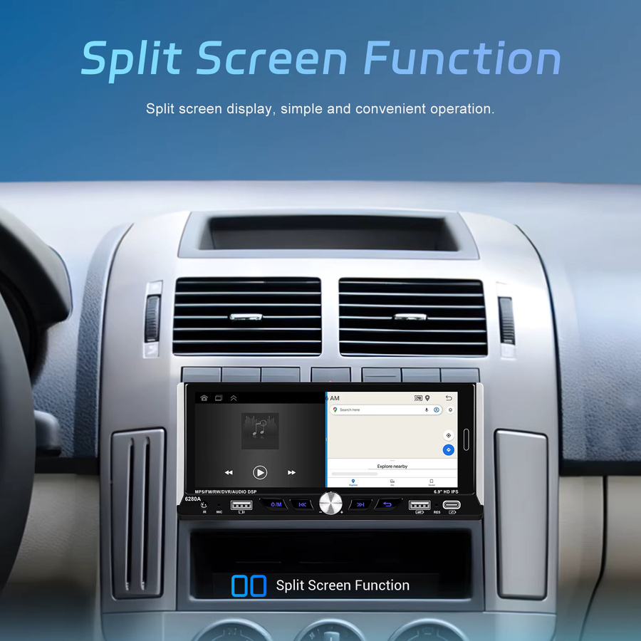 Podofo Android 1 Din Autoradio mit 6,9 Zoll Display, Carplay, Android Auto, GPS Navigation und 64GB Speicher in Schwarz, unterstützt Rückfahrkamera - Bild 3