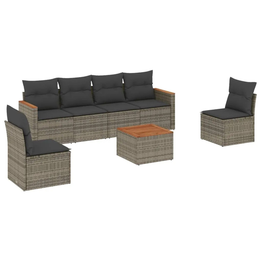 vidaXL 7-tlg Garten-Sofagarnitur aus Poly-Rattan und Akazienholz in Grau mit Kissen Modell 70 - Bild 2