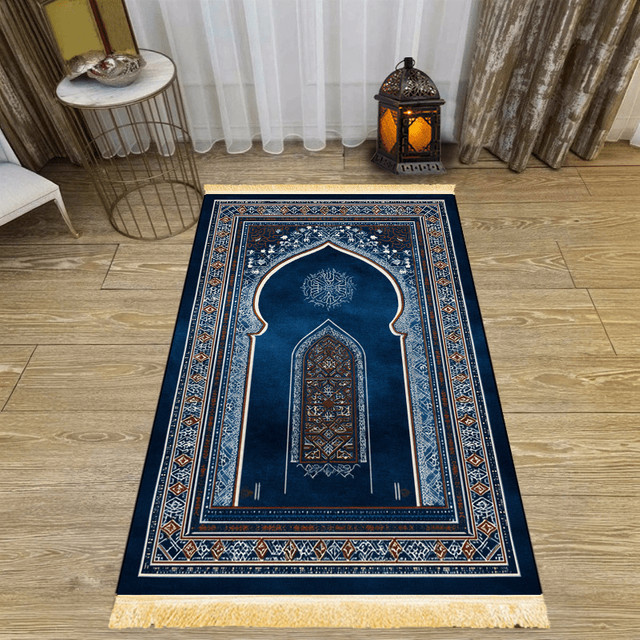 VIKAMA Islamische Gebetsmatte mit böhmischem Muster und Bogendesign in Blau, waschbar und faltbar - Bild 1