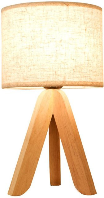 LED Holz Nachttischlampe im Stativ-Design mit weißem Leinenlampenschirm in Beige, E27 Fassung - Bild 1