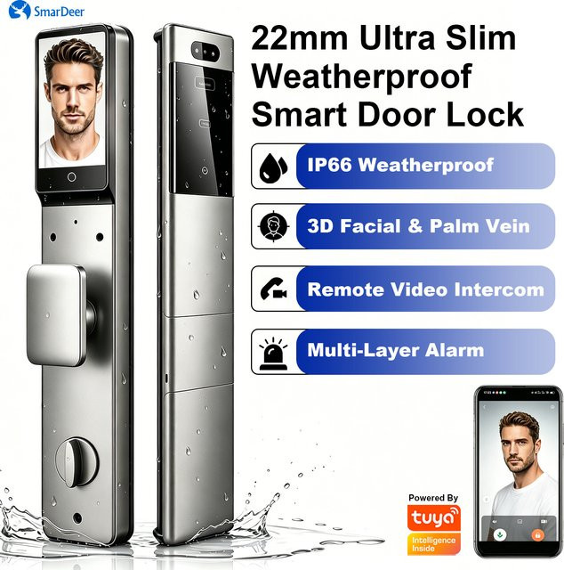 SmarDeer Smart Door Lock Biometrisches Türschloss mit 3D-Gesichts- und Handvenenerkennung, IP66 Wasserdicht, Tuya WiFi Fernsteuerung, Farbe: Silber - Bild 1