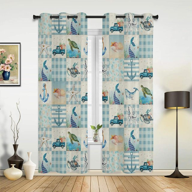 Verdunkelungsvorhänge Yiran Furniture mit blauem Karomuster und Unterwasser-Tier-Design, Breite: 55 cm, Höhe: 120 cm - Bild 1