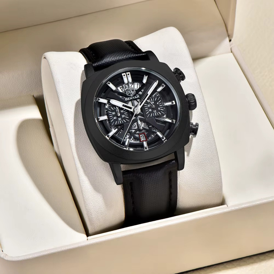 BENYAR Chronograph, Armbanduhr, Quarz, Leder, Schwarz, Herren - Bild 3