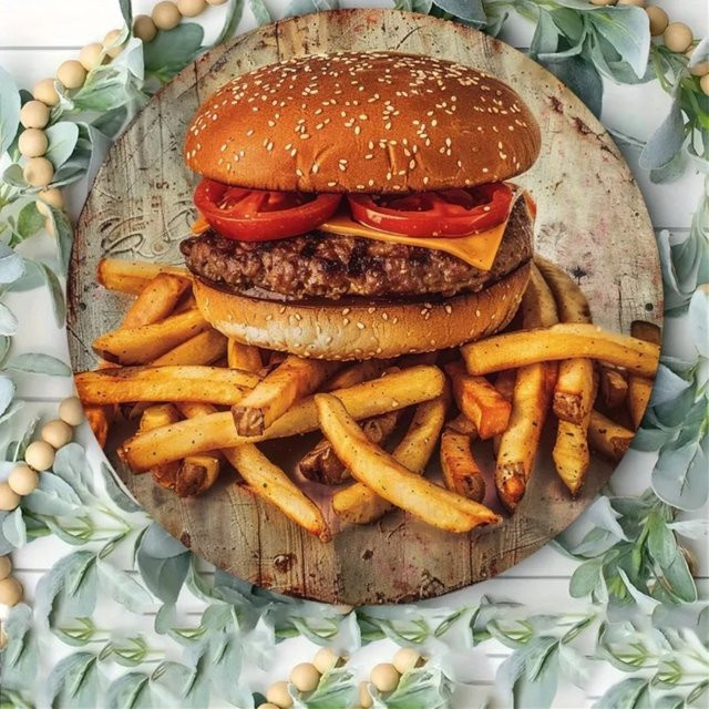 Vintage Metallschild CIFBUY mit Hamburger und Pommes als Wanddekoration aus Aluminium, Breite: 20,32 cm, Höhe: 20,32 cm - Bild 1