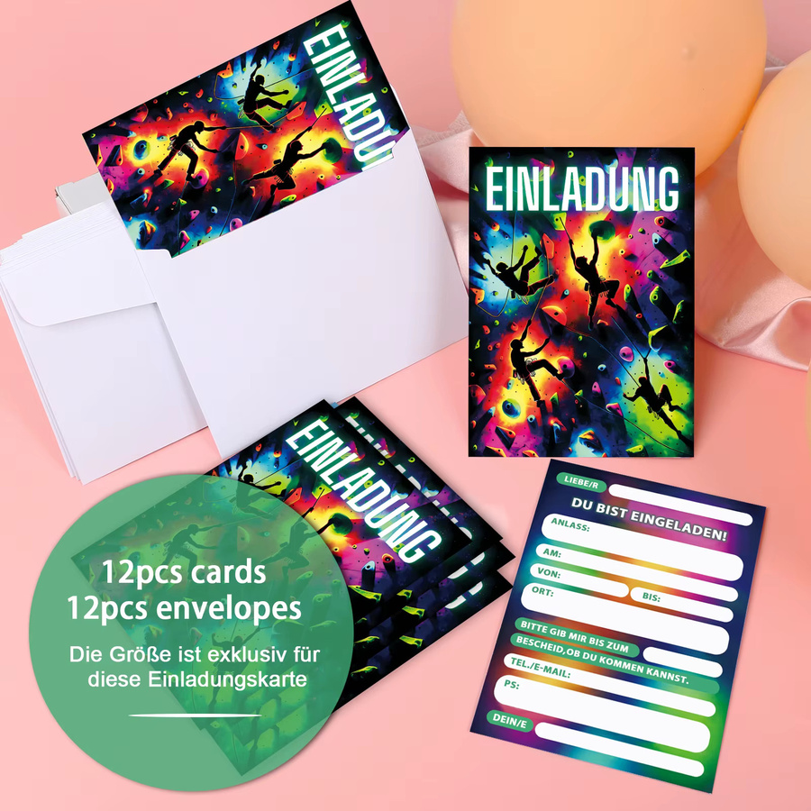 12 Stück Kletterparty-Einladungskarten mit Cartoon-Kletterer- und Neondesign in Multicolor aus Papier mit personalisierbarem deutschen Text - Bild 6