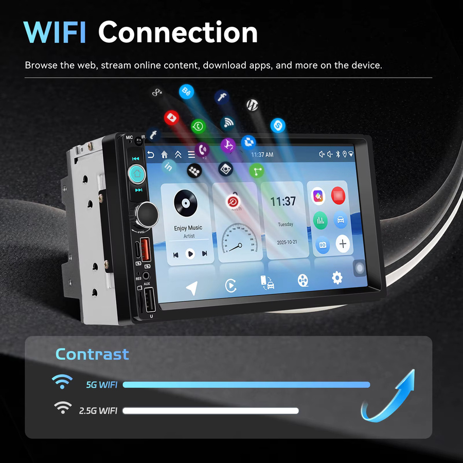 Podofo 7 Zoll 2-DIN Universal Android Autoradio MP5 Multimedia-Player mit kabellosem CarPlay, Android Auto, GPS, WLAN und Bluetooth in Schwarz - Bild 4