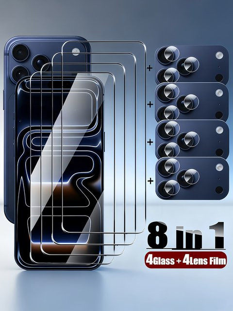 8 in 1 Schutzset für Apple iPhone kompatibel mit iPhone 17 Air 16 15 14 13 12 11 Pro Max bestehend aus 4 Stück HD-Hartglas und 4 Set geteilten Linsenfolien in Transparent - Bild 1