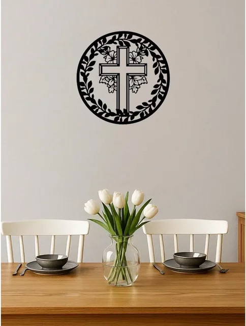 CIFBUY Metallkreuz Wandkunst aus Eisen in Schwarz mit floralem Design für Wohnzimmer und Kirche - Bild 1