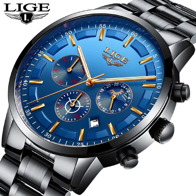 LIGE Armbanduhr Chronograph, Quarz, Edelstahl, Schwarz, Herren - Bild 1