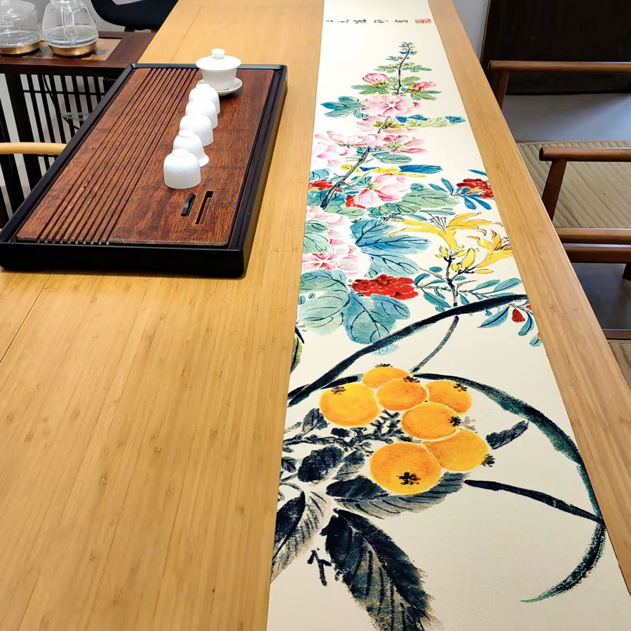 Tianzhong Teetischläufer im Zen-Stil aus Leinen, wasserdicht, mehrfarbig gestreift, B/T: 148 x 148 cm - Bild 3