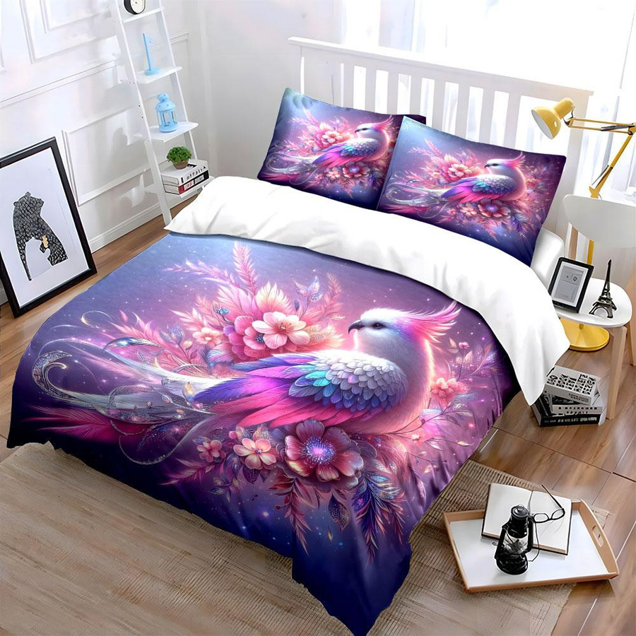 Grosstor 3-teiliges Bettwäsche-Set mit Vogel- und Blumen-Motiv in Rosa und Lila, Digitaldruck, B/H: 135 x 200 cm - Bild 2