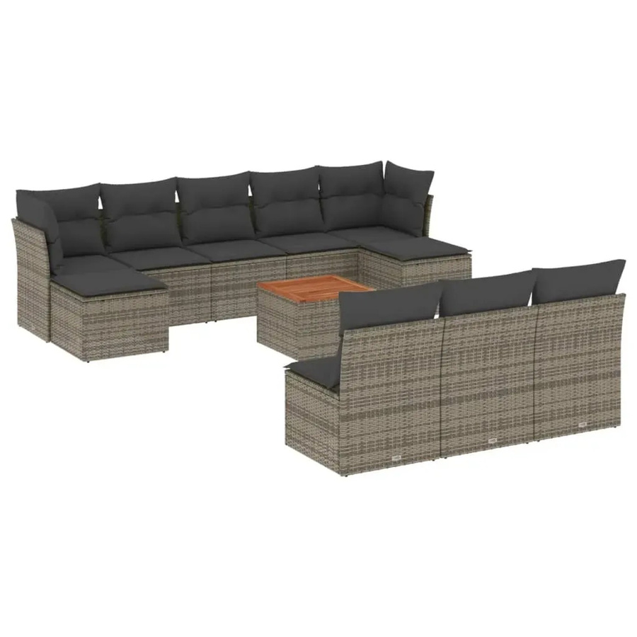 vidaXL 11-tlg. Garten-Sofagarnitur in U-Form aus grauem PE-Rattan mit Kissen und Akazienholz-Elementen - Bild 2