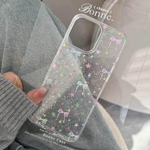Transparente iPhone Schutzhülle mit koreanischem Glitzer-Sterne-Bogen Design für Apple iPhone 16, 15, 14, 13, 12, 11 Pro Max, XR, XS, stoßfeste Hülle - Bild 1