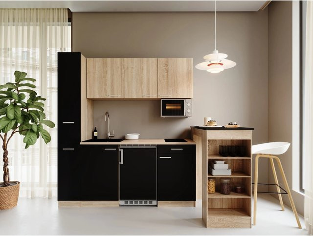 Respekta Ingrid Singleküche Schwarz Matt mit Mikrowelle, Bartisch und Apotheker Schrank, Breite: 180 cm - Bild 1
