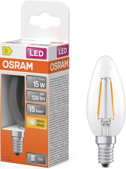 Osram LED Retrofit Classic B Filament Leuchtmittel E14, 1 W, 2700 K Warmweiß, Transparent, Höhe: 10 cm, Durchmesser: 3,5 cm - Bild 1