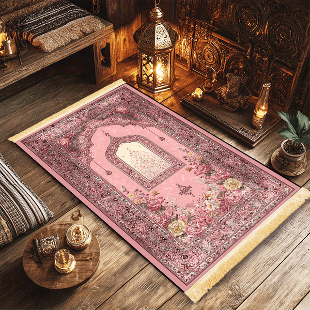 VIKAMA Gebetsteppich im Vintage-Design mit Blumen-Bogen-Muster, waschbar, Farbe: Pink - Bild 1