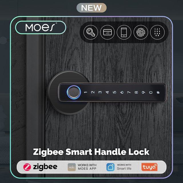 MOES Tuya Zigbee Smart Fingerabdruck-Türgriffschloss in Schwarz mit Passwort und App-Fernentriegelung für Hotel, Büro und Mietwohnungen - Bild 1