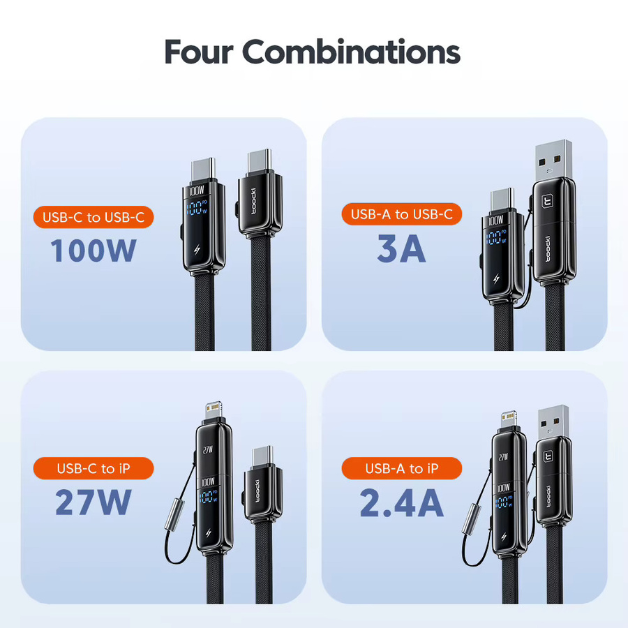 Toocki 4-in-1 USB-C auf Lightning Ladekabel mit LED-Licht, 100W Schnellladefunktion, Schwarz, Länge: 1,2 m - Bild 5
