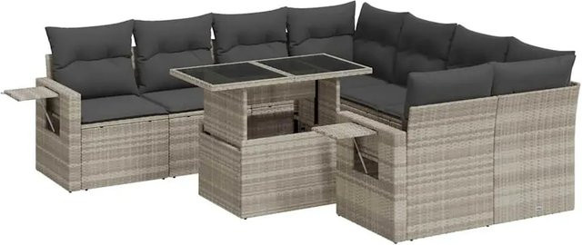 vidaXL 9-teilige Garten-Sofagarnitur in L-Form aus Polyrattan mit Kissen und Couchtisch, Hellgrau - Bild 1