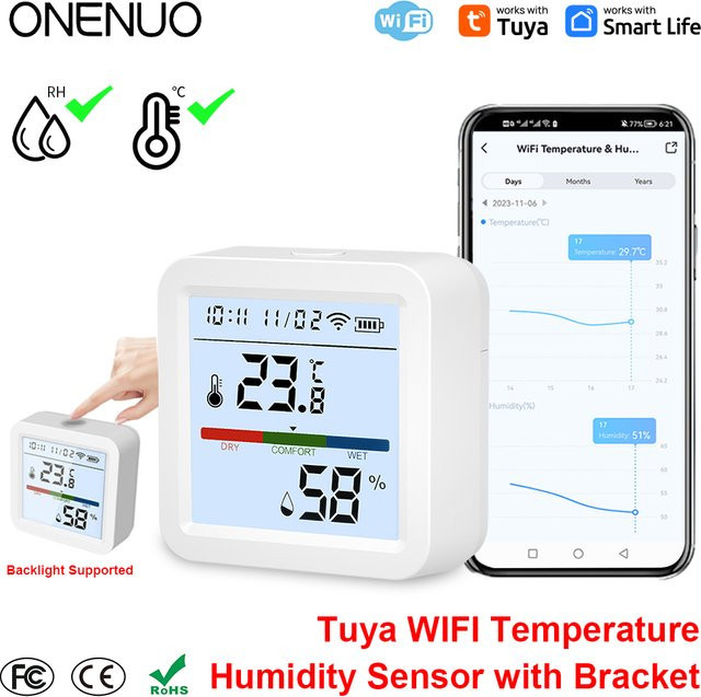 Onenuo Smart Home WiFi Temperatur und Feuchtigkeit Sensor Hygrometer Thermometer mit Hintergrundbeleuchtung in Weiß, kompatibel mit Tuya Smart Life und Alexa - Bild 1
