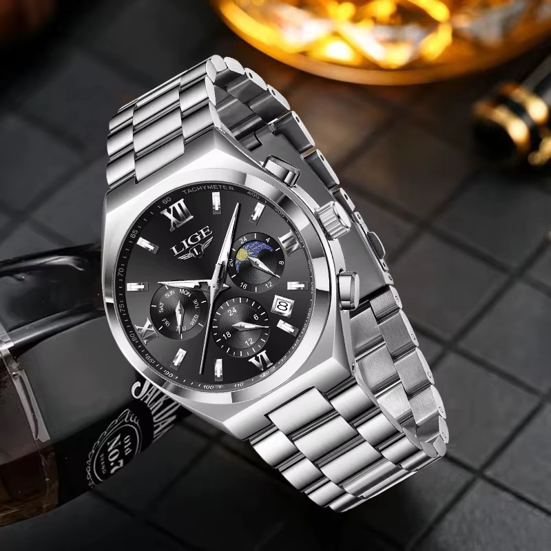 LIGE Armbanduhr Quarz, Edelstahl, Schwarz, Silber, Herren - Bild 3