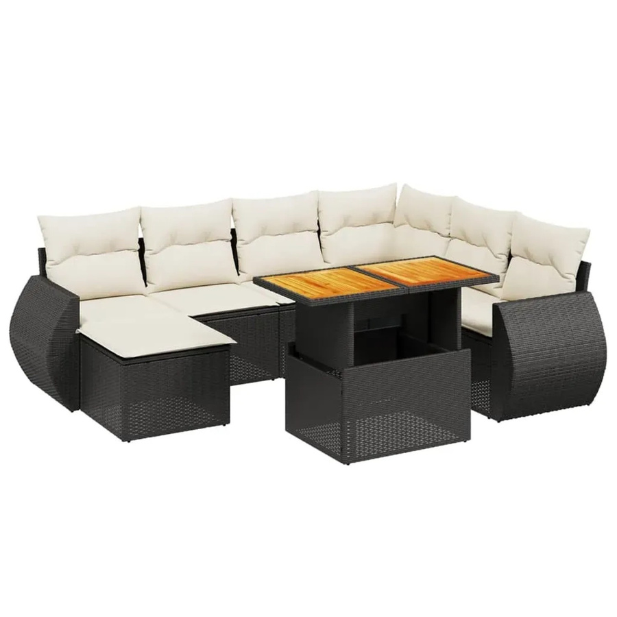 vidaXL 8-teilige Garten-Sofagarnitur in L-Form aus Poly-Rattan und Akazienholz in Schwarz-Creme mit Kissen - Bild 2