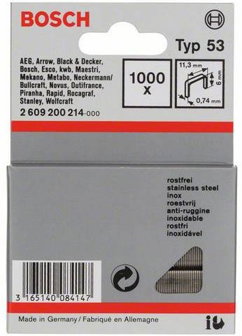 Bosch Feindrahtklammern Typ 53 aus rostfreiem Stahl, Farbe: Silber, B: 11,4 mm, H: 6 mm, 1000 Stück - Bild 1