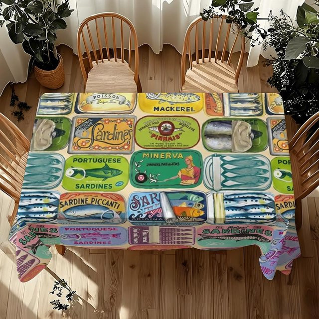 Rechteckige Tischdecke von JMG Household Supplies mit Vintage-Sardinenbüchsenmuster in Multicolour, B/B: 140 x 240 cm - Bild 1