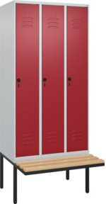 C+P Spind Classic PLUS Garderobenschrank mit Sitzbank, 3 Abteile, B/T/H: 2120 x 900 x 815 cm, Sicherheits-Drehriegel, 4 Garderobenhaken, mittige Trennwand, auskragende Sitzbank, Buche-Hartholz und Stahl - Bild 1