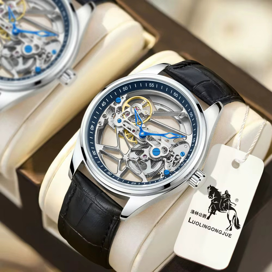 LUOLINGONGJUE Armbanduhr, Automatik, Edelstahl, Leder, Schwarz, Herren - Bild 3